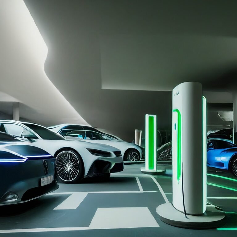 A photorealistic image of a bright and spacious parking garage in Dubai. Multiple electric vehicle charging stations line the walls, with various electric cars plugged in and charging. Sunlight filters through the skylights of the garage.