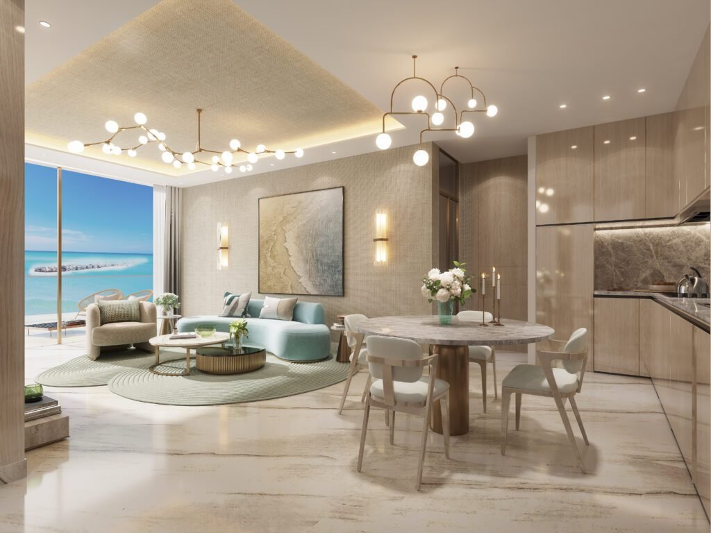 Sora Beach Residences on Al Marjan Island, a luxury beachfront view of featuring modern architecture and a private beach.