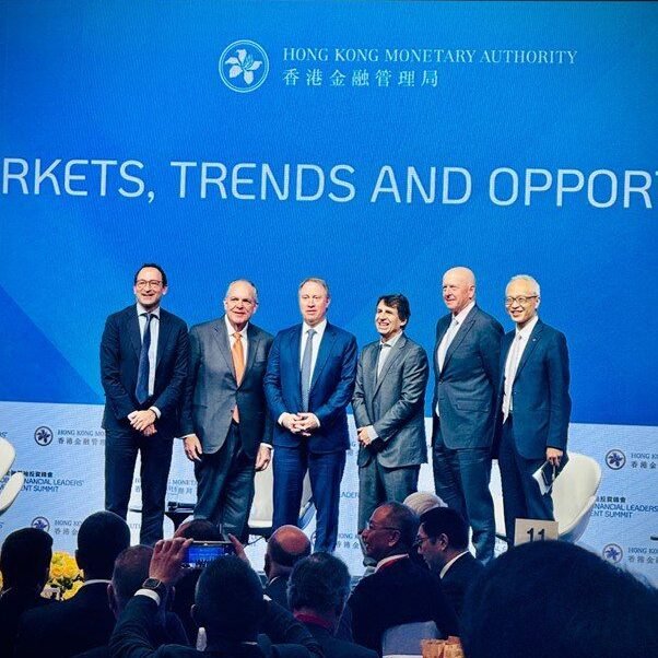 Image (by staff): Jonathan Gray (President and COO, Blackstone), Ronald P. O'Hanley (Chairman and CEO, State Street Corporation), Ted Pick (CEO, Morgan Stanley), Marc Rowan (CEO, Apollo Global Management), and David Solomon (Chairman and CEO, Goldman Sachs).